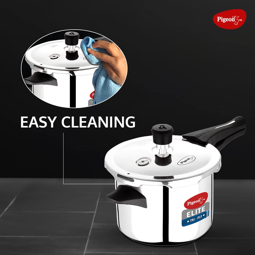 Pigeon Elite Shine 5 Litre Tri Ply Body Outer Lid Pressure Cooker Induction and Gas Stove Compatible Stainless Steel Silver